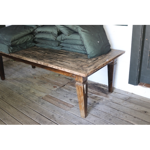 2588 - Long 1920's square tapering leg table, approx 250cm L x 110cm D x 76cm H (front veranda area)