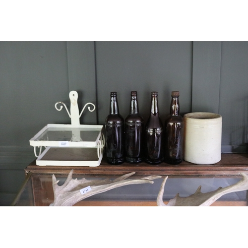 2657 - Metal and glass two tiered wall shelf, along with old beer bottles and antique pottery ointment pot,... 