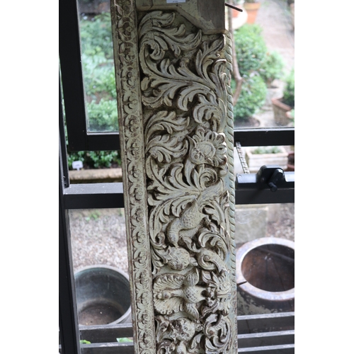 2659 - Indian painted carved teak frieze panel, approx 25cm H x 134cm W
