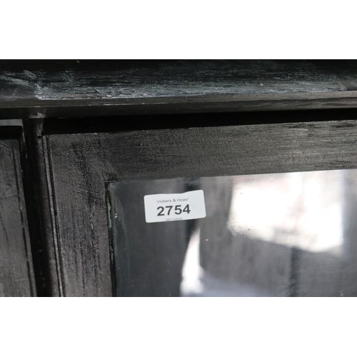 2754 - Black painted glazed two door shop display cabinet, approx 132cm H x 113cm W x 23cm D