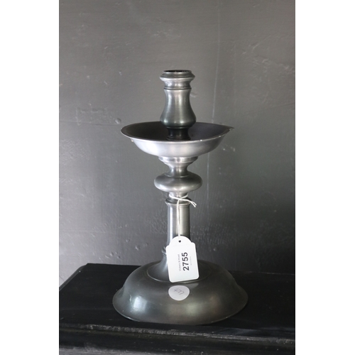 2755 - Old spun pewter period style candlestick, approx 28cm H