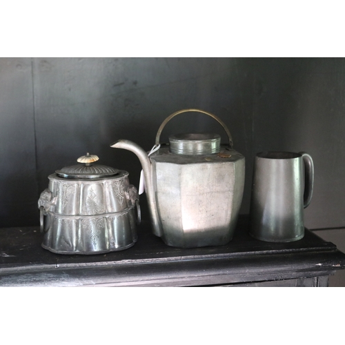 2757 - Selection - Chinese pewter tea pot, pewter mug, antique mask head handled sugar pot, approx 16cm H e... 