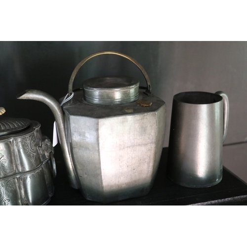 2757 - Selection - Chinese pewter tea pot, pewter mug, antique mask head handled sugar pot, approx 16cm H e... 