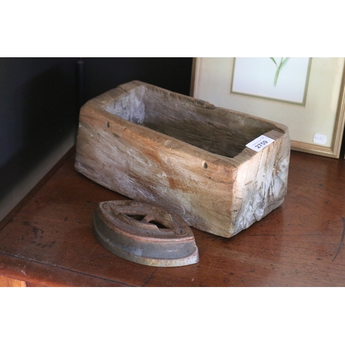 2759 - Old rustic box, along with an antique iron base, approx 12cm H x 30cm W x 14cm D (2)
