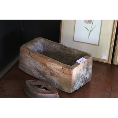2759 - Old rustic box, along with an antique iron base, approx 12cm H x 30cm W x 14cm D (2)
