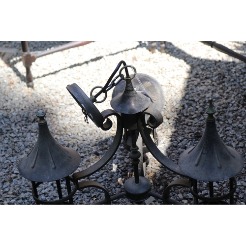2771 - Cast metal three light chandelier, with pagoda shape shades, approx 50cm H x 50cm W