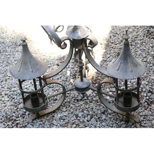 2771 - Cast metal three light chandelier, with pagoda shape shades, approx 50cm H x 50cm W
