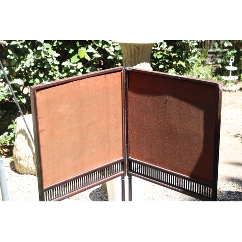2772 - Antique two fold fire screen, turned supports, approx 112cm H x 59cm W each panel