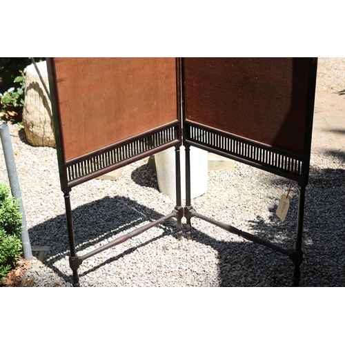 2772 - Antique two fold fire screen, turned supports, approx 112cm H x 59cm W each panel