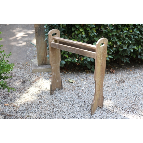 2775 - Maple carved end towel rack, approx 92cm H x 76cm W