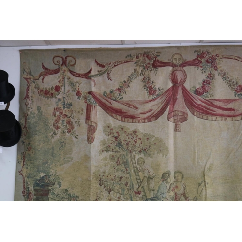 2009 - French style painted wall tapestry, classical scene, with tied ribbon & garlands decoration, approx ... 