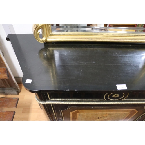 2015 - Fine French ebonized canted side credenza, with floral marquetry inlaid panels, single drawer above,... 