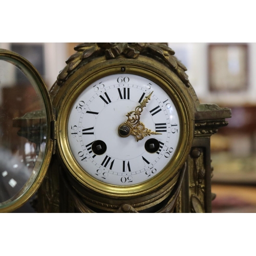 2018 - Antique French Louis XVI style gilt bronze mantle clock, surmounted with torche & quiver to pelmet, ... 