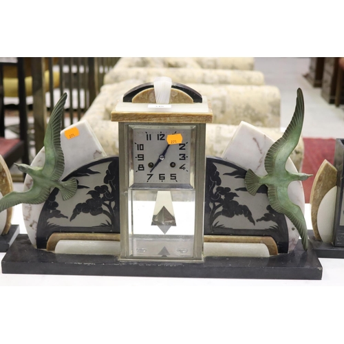 2031 - French Art Deco mantle clock and garnitures, untested, has pendulum no key, clock approx 35cm H x 61... 