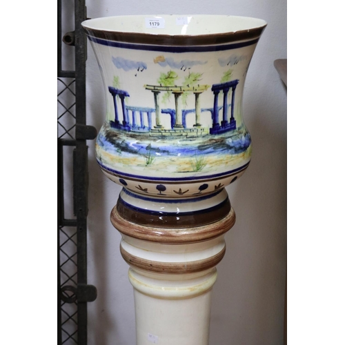 2037 - Antique European hand painted ceramic jardiniere and pedestal, approx 101cm H x 33cm Dia