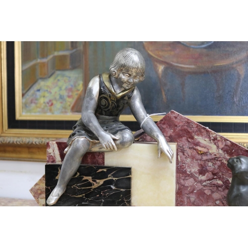 2053 - French Art Deco figure of a woman & cat, alabaster & marble, approx 31cm H x 48cm W x 14cm D