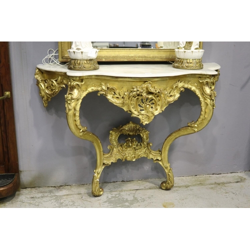 2066 - Elaborate French Louis XV style marble topped, gilt console, approx 92cm H x 127cm W x 53cm D