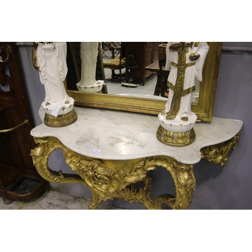 2066 - Elaborate French Louis XV style marble topped, gilt console, approx 92cm H x 127cm W x 53cm D