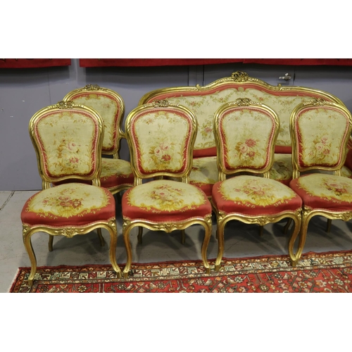 2071 - Impressive antique 19th century French Louis XV nine piece lounge suite, gilt wood with Aubusson uph... 
