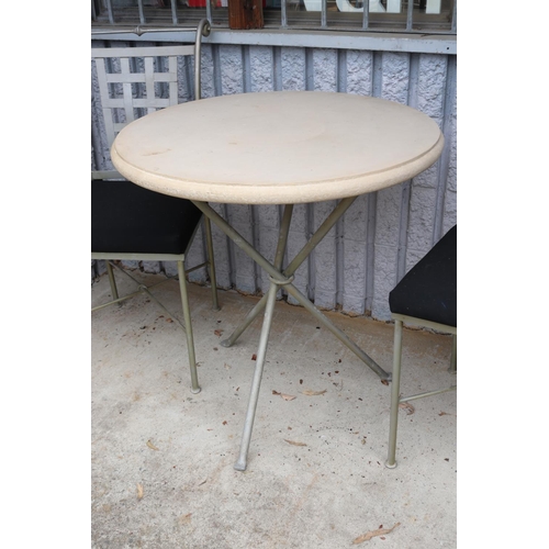 2076 - Pair of modern chairs with circular patio table, table approx 75cm H x 75cm Dia (3)