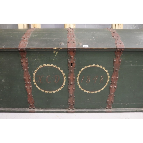 2079 - Large antique mid 19th century Swiss marriage trunk, with pierced iron bound mounts, painted panel t... 