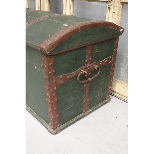 2079 - Large antique mid 19th century Swiss marriage trunk, with pierced iron bound mounts, painted panel t... 