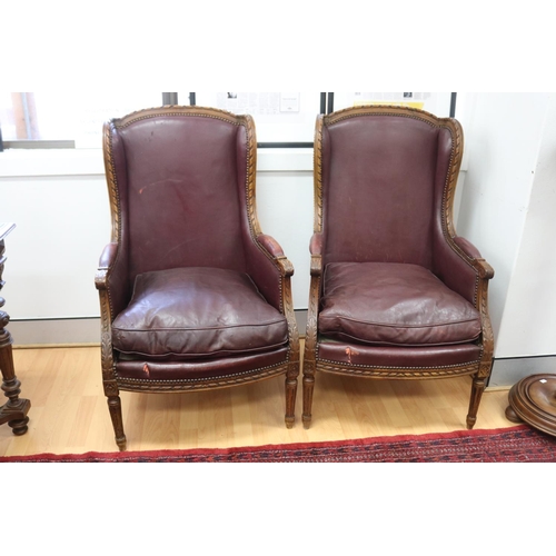 2080 - Pair of antique French Louis XVI revival leather upholstered  armchairs, approx 100cm H x 59.5cm W x... 