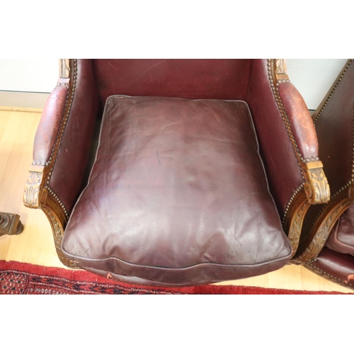 2080 - Pair of antique French Louis XVI revival leather upholstered  armchairs, approx 100cm H x 59.5cm W x... 