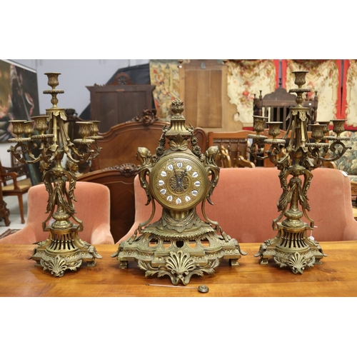 2095 - Impressive large antique French gilt bronze mantle clock and pair of five stick candelabrum, all wit... 