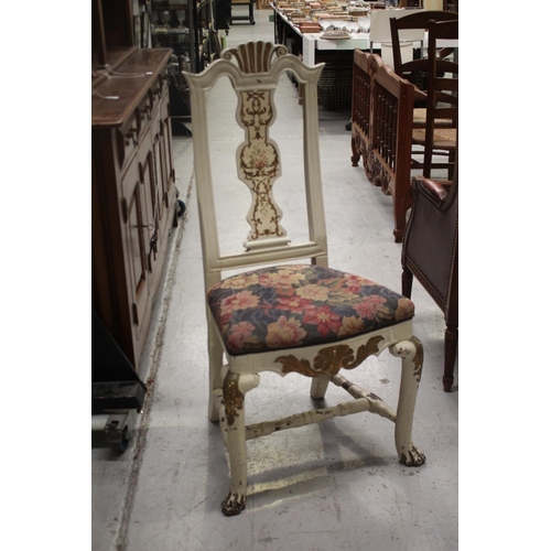 2102 - Antique painted slat back, side chair, with painted decoration. Carved hairy paw front legs, joined ... 