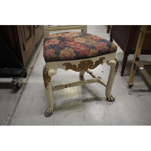 2102 - Antique painted slat back, side chair, with painted decoration. Carved hairy paw front legs, joined ... 