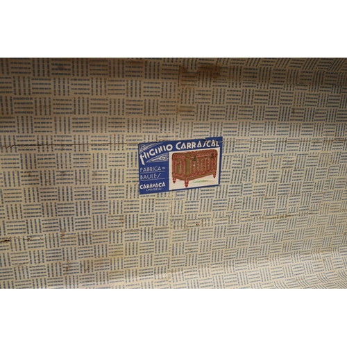 2103 - Faux wood grain tin trunk, original interior and paper label, approx 65cm H x 89cm W x 47cm D