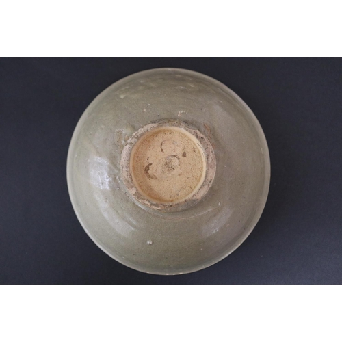 2257 - Early antique Chinese celadon glazed lotus bowl, approx 6.5cm H x 17.5cm Dia