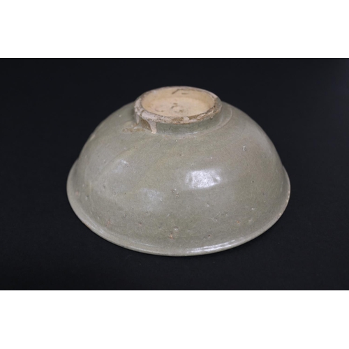 2257 - Early antique Chinese celadon glazed lotus bowl, approx 6.5cm H x 17.5cm Dia