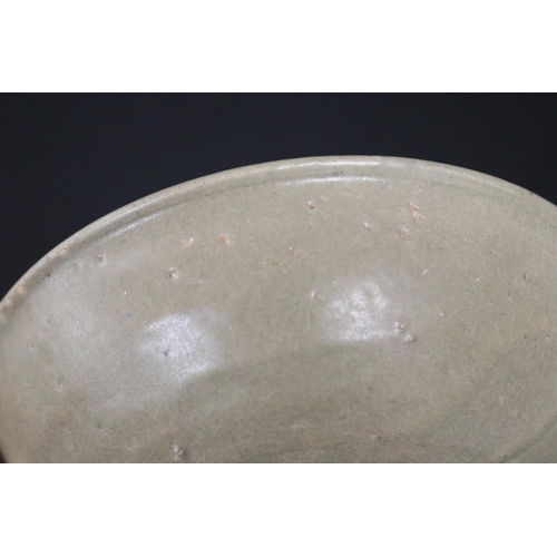 2257 - Early antique Chinese celadon glazed lotus bowl, approx 6.5cm H x 17.5cm Dia