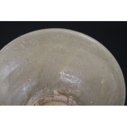 2257 - Early antique Chinese celadon glazed lotus bowl, approx 6.5cm H x 17.5cm Dia