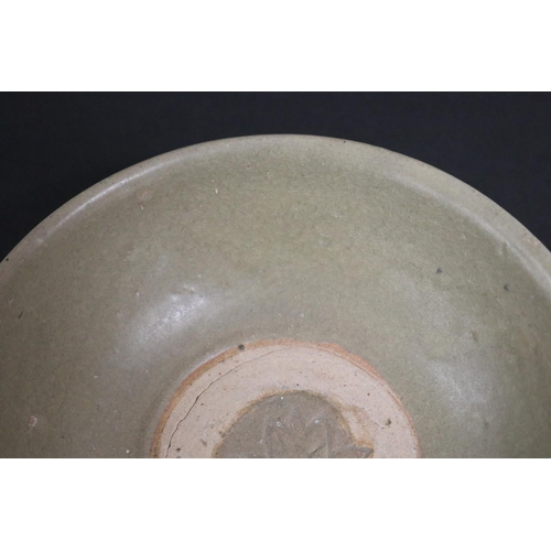 2257 - Early antique Chinese celadon glazed lotus bowl, approx 6.5cm H x 17.5cm Dia