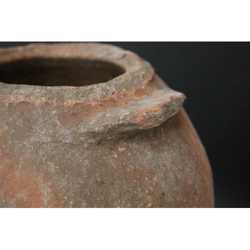 2289 - Antique early 18th century French glazed stoneware twin handled confit pot, approx 28cm H x 24cm Dia