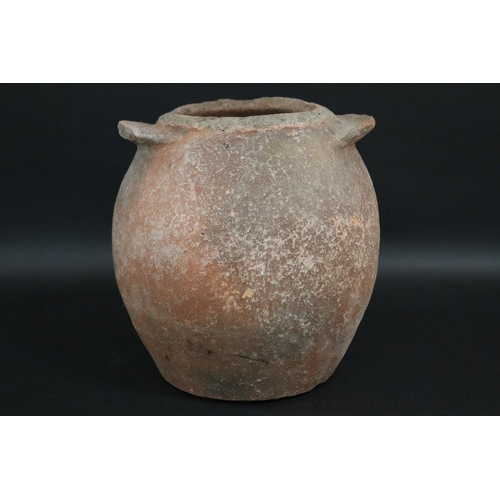 2289 - Antique early 18th century French glazed stoneware twin handled confit pot, approx 28cm H x 24cm Dia