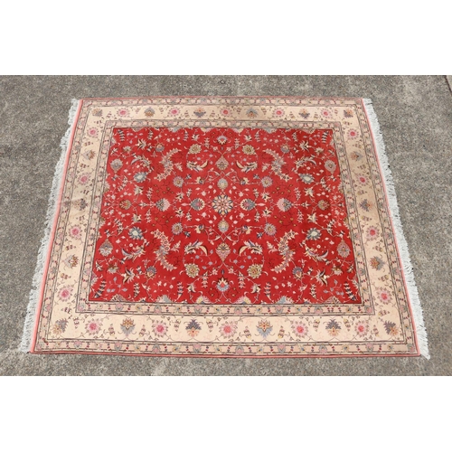 2349 - Fine quality Iranian rug - wool and silk hand knotted carpet, central red field with ivory border, a... 