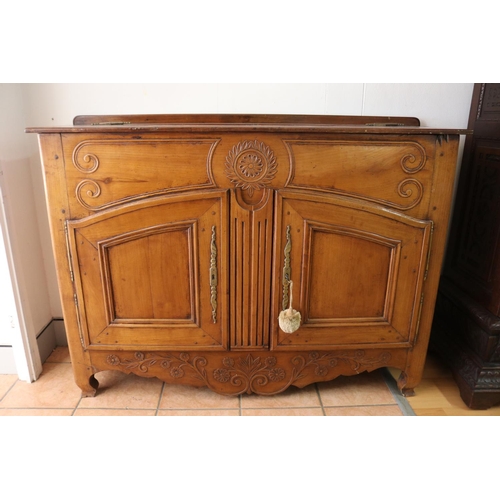 2410 - Antique early 19th century French Provincial cherrywood buffet, with lift up top compartment, two re... 