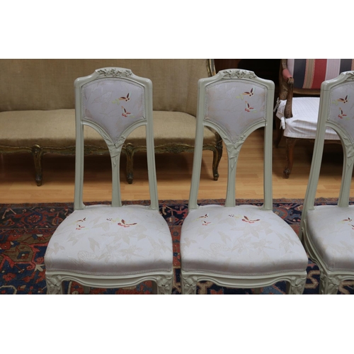 2413 - Set of four Art Nouveau Majorelle salon chairs with white & grey upholstery. Restored in Nancy (4) a... 