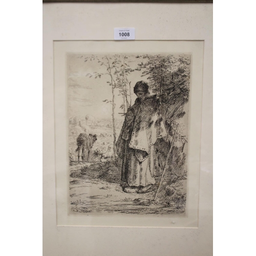 1008 - Francois Millet (1851-1917) France, etching, standing figure with clogs, approx 32cm 24 cm