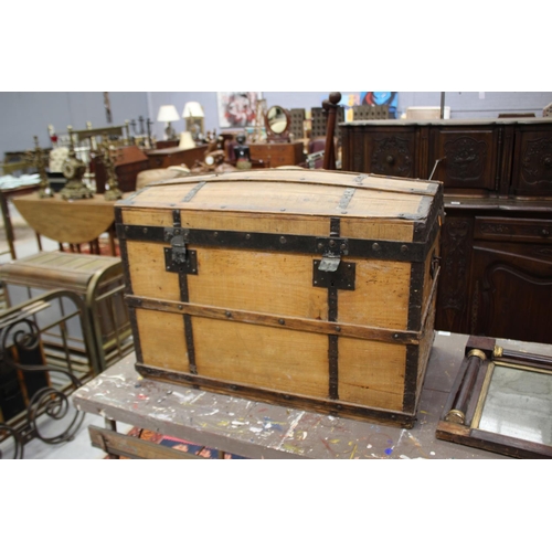 2105 - Antique French dome top travel trunk, with damages, approx 56cm H x 81cm W x 49cm D
