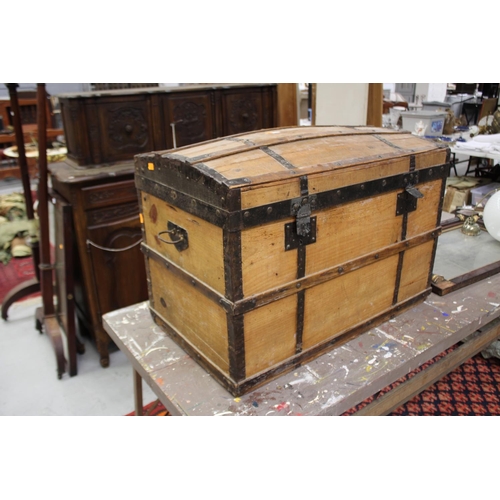 2105 - Antique French dome top travel trunk, with damages, approx 56cm H x 81cm W x 49cm D