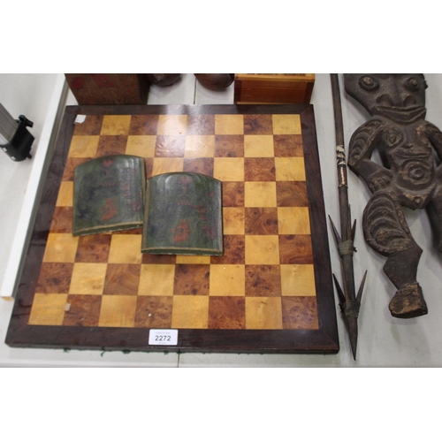 2272 - Assortment of wooden items to include games board, poker work etc, approx 46cm Sq and smaller