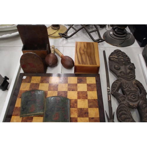 2272 - Assortment of wooden items to include games board, poker work etc, approx 46cm Sq and smaller