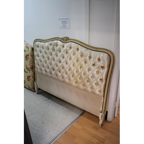 2326 - Vintage Silk deep buttoned Louis XV style painted frame Bed head, approx 118cm H x 152cm W