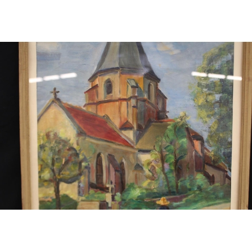 1042 - French Church scene, oil, approx 43cm x 35cm