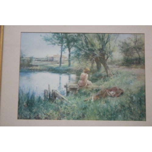1049 - Nicely framed coloured print, two young girls in a summer landscape, approx 26cm x 36cm